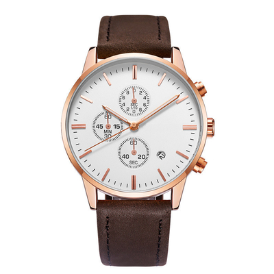 Orologio multifunzionale del calendario perpetuo della data di giorno del cinturino di cuoio di orologio di sport del Chronos degli uomini