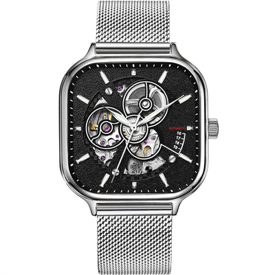 Cinghia di scheletro quadrata Sapphire Mirror di acciaio inossidabile dell'orologio degli uomini automatici