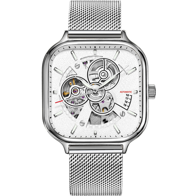 Cinghia di scheletro quadrata Sapphire Mirror di acciaio inossidabile dell'orologio degli uomini automatici