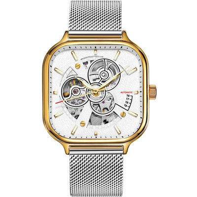 Cinghia di scheletro quadrata Sapphire Mirror di acciaio inossidabile dell'orologio degli uomini automatici