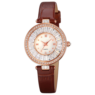 Orologio di lusso casuale del cuoio del quarzo dell'orologio di caso rotondo impermeabile per signora