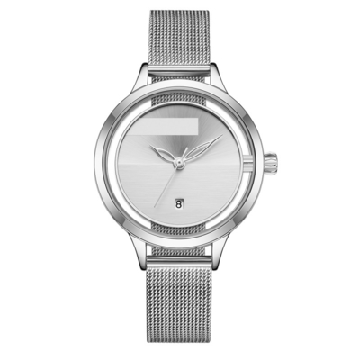 Signore Mesh Belt Quartz Calendar Watch con Willow Leaf Needle